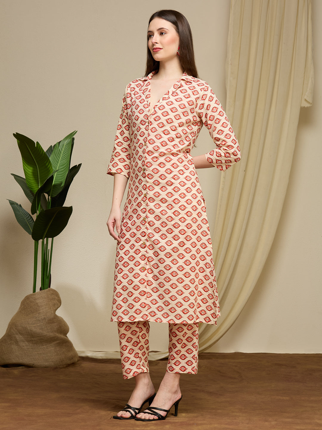 Ethnic Floral Printed Cotton A-Line Co-ord Set - Cream