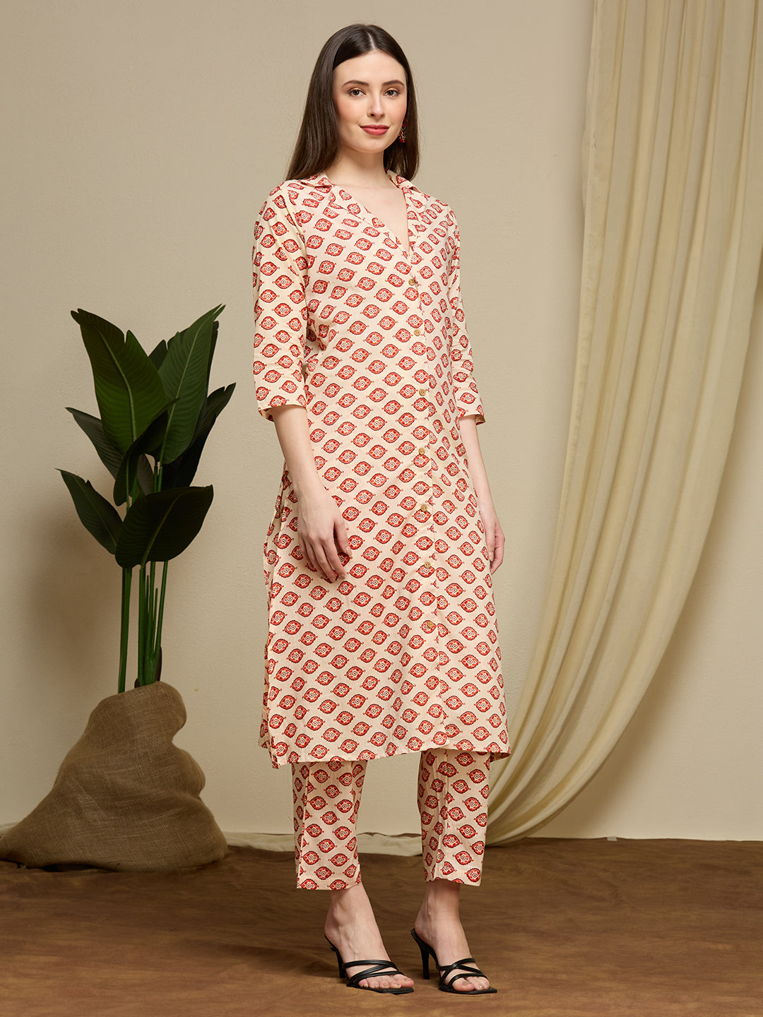 Ethnic Floral Printed Cotton A-Line Co-ord Set - Cream