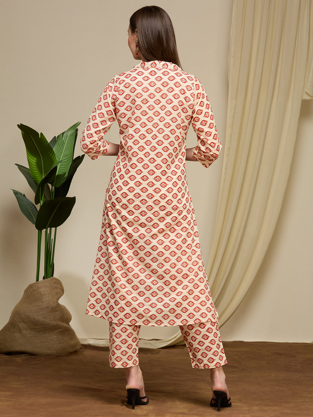 Ethnic Floral Printed Cotton A-Line Co-ord Set - Cream