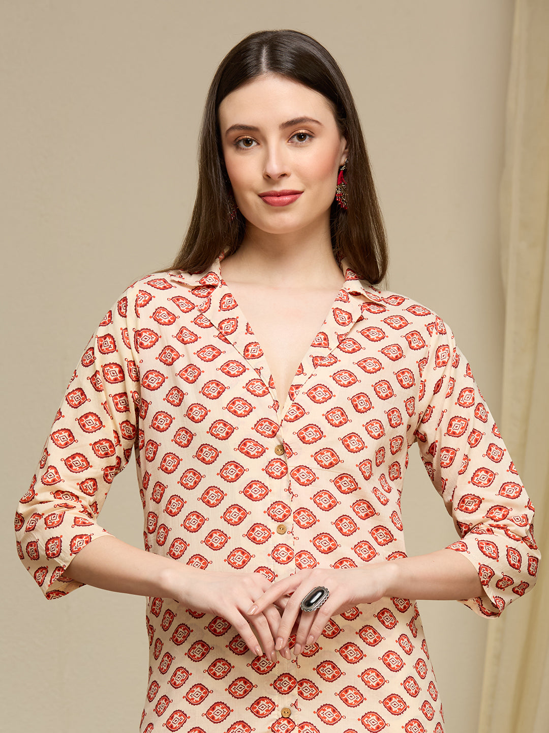 Ethnic Floral Printed Cotton A-Line Co-ord Set - Cream