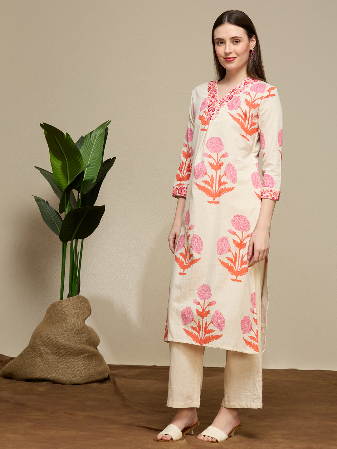 Floral Buta Printed Straight Cotton Flax Co-ord Set - Off White