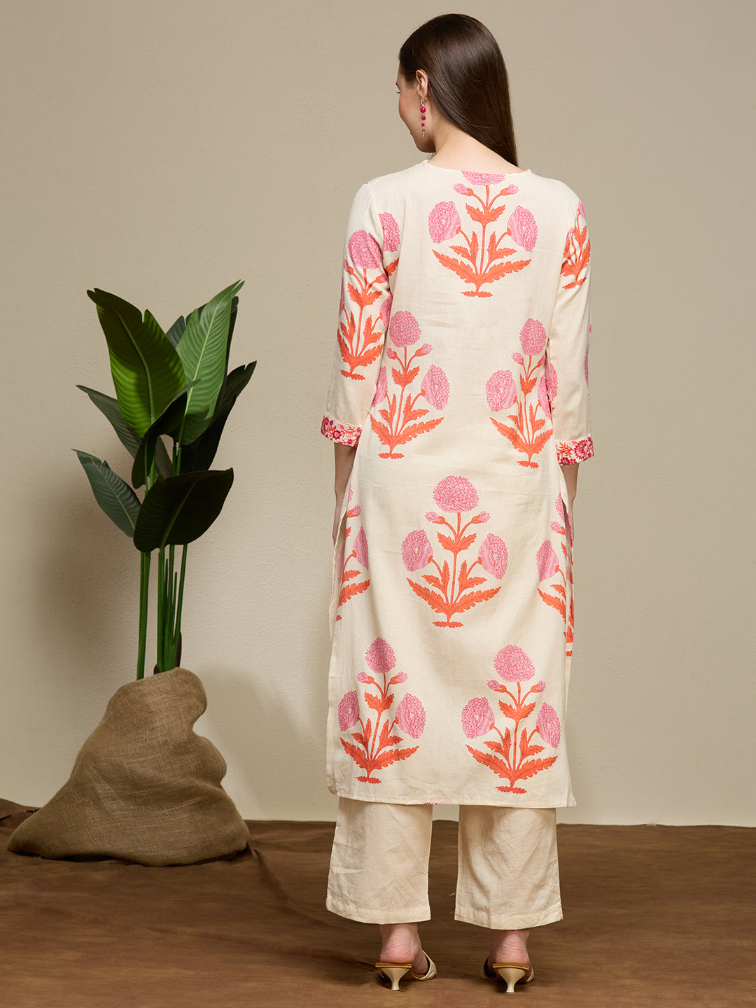 Floral Buta Printed Straight Cotton Flax Co-ord Set - Off White