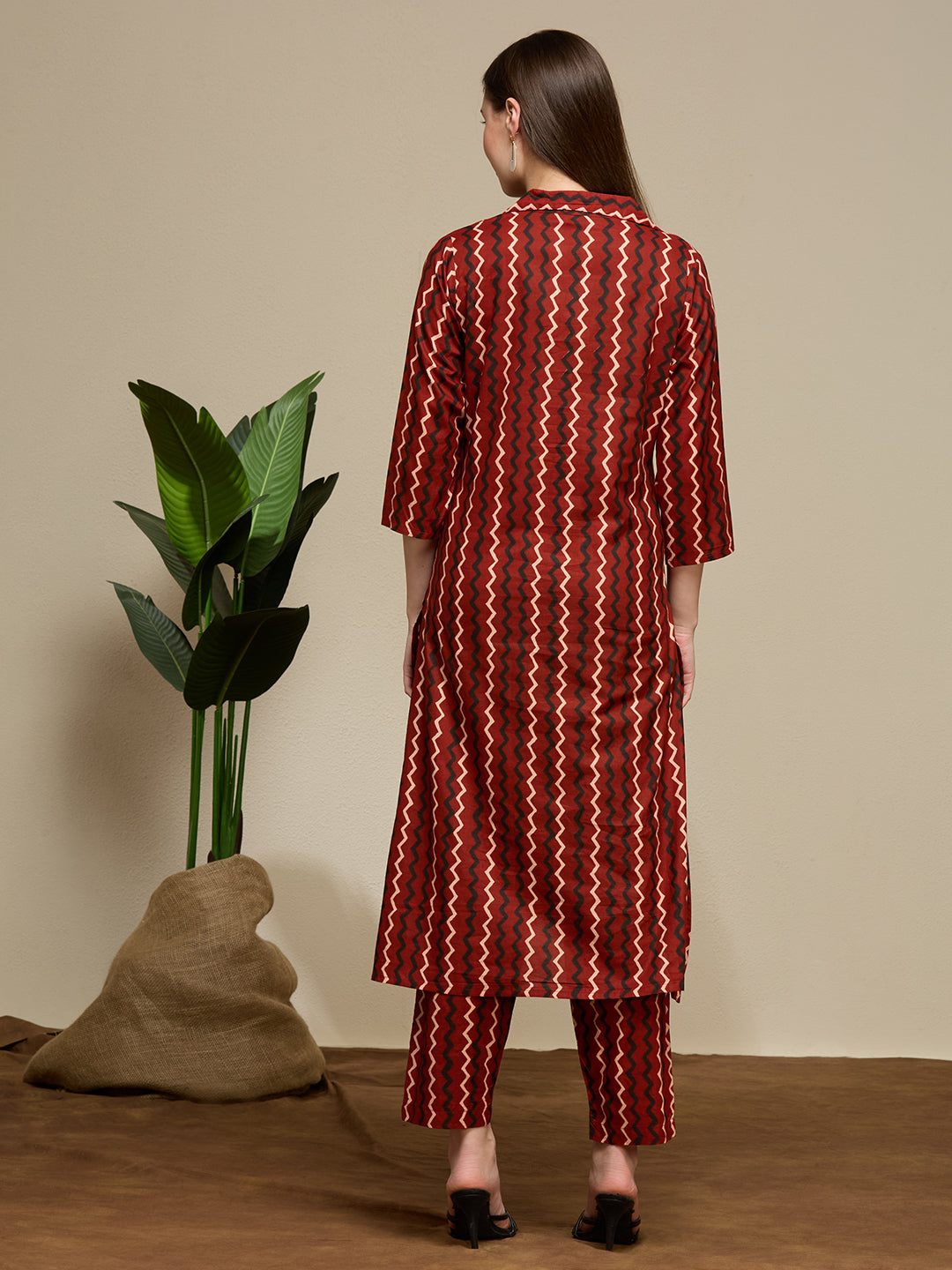 Ethnic Floral Printed Cotton A-Line Co-ord Set - Maroon