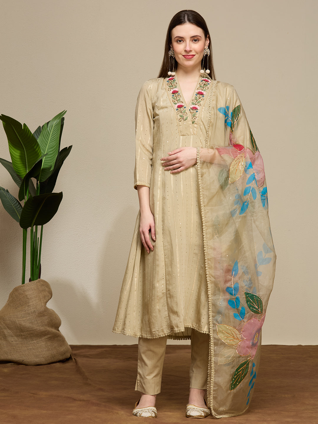 Lurex Striped Floral Embroidered Anarkali with Pant and Hand Painted Dupatta - Beige