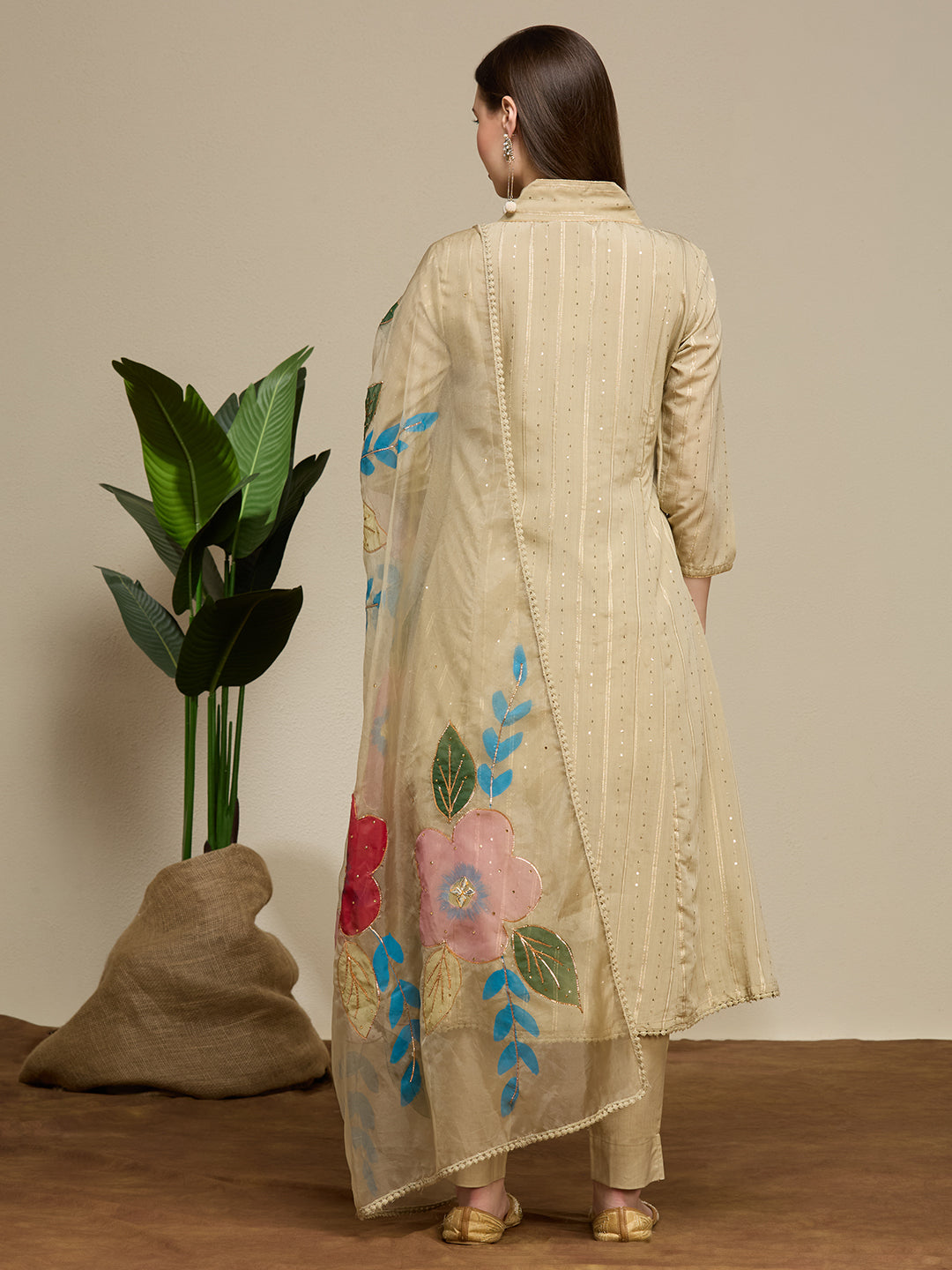 Lurex Striped Floral Embroidered Anarkali with Pant and Hand Painted Dupatta - Beige