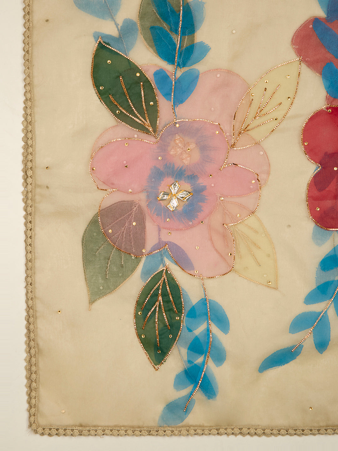 Lurex Striped Floral Embroidered Anarkali with Pant and Hand Painted Dupatta - Beige