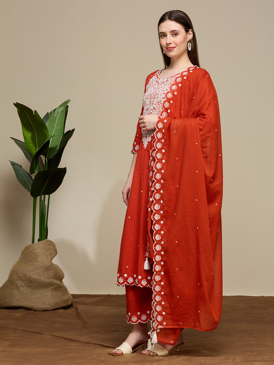 Solid Floral Embroidered Straight Fit Kurta with Palazzo and Dupatta - Rust