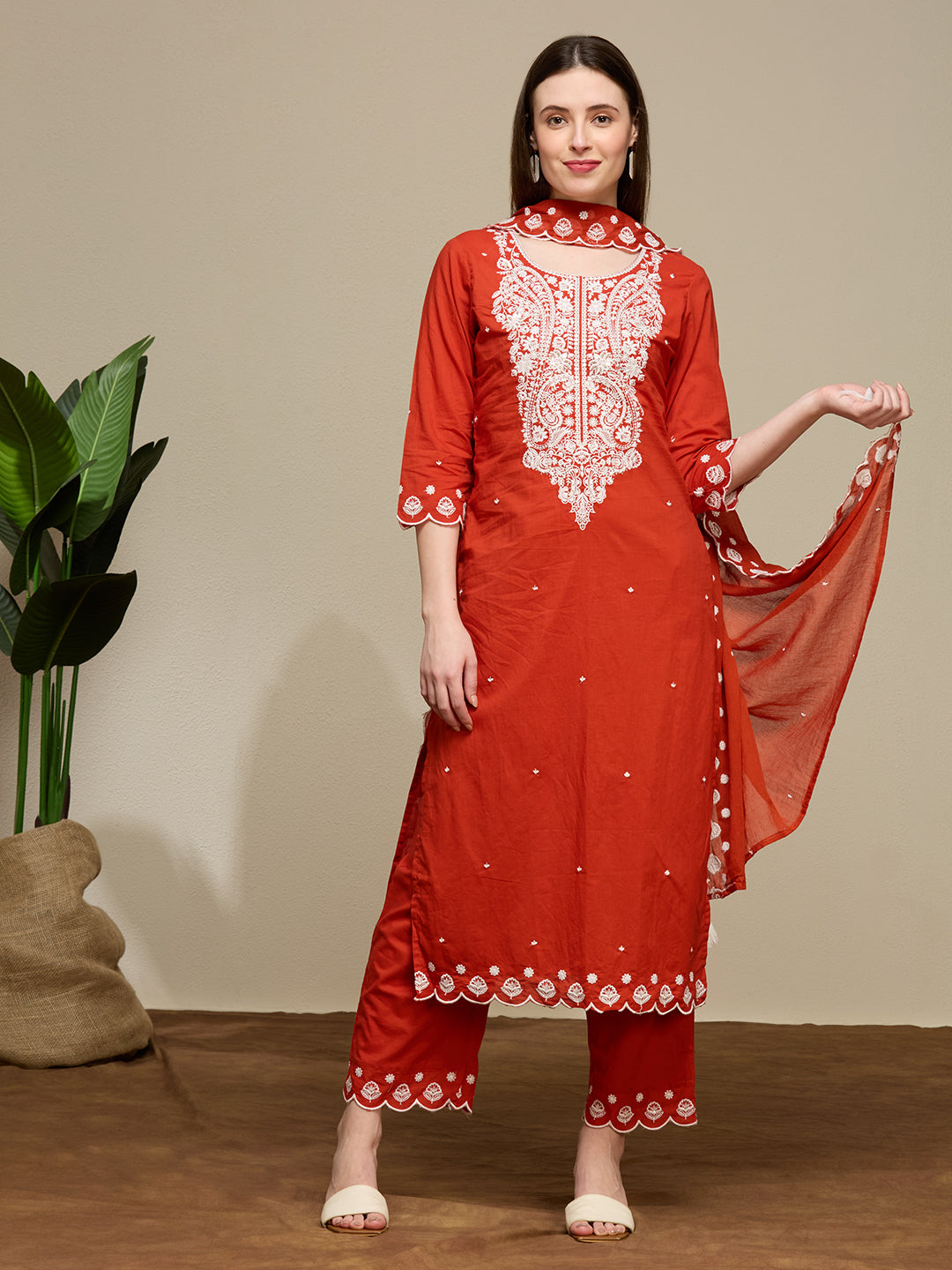 Solid Floral Embroidered Straight Fit Kurta with Palazzo and Dupatta - Rust