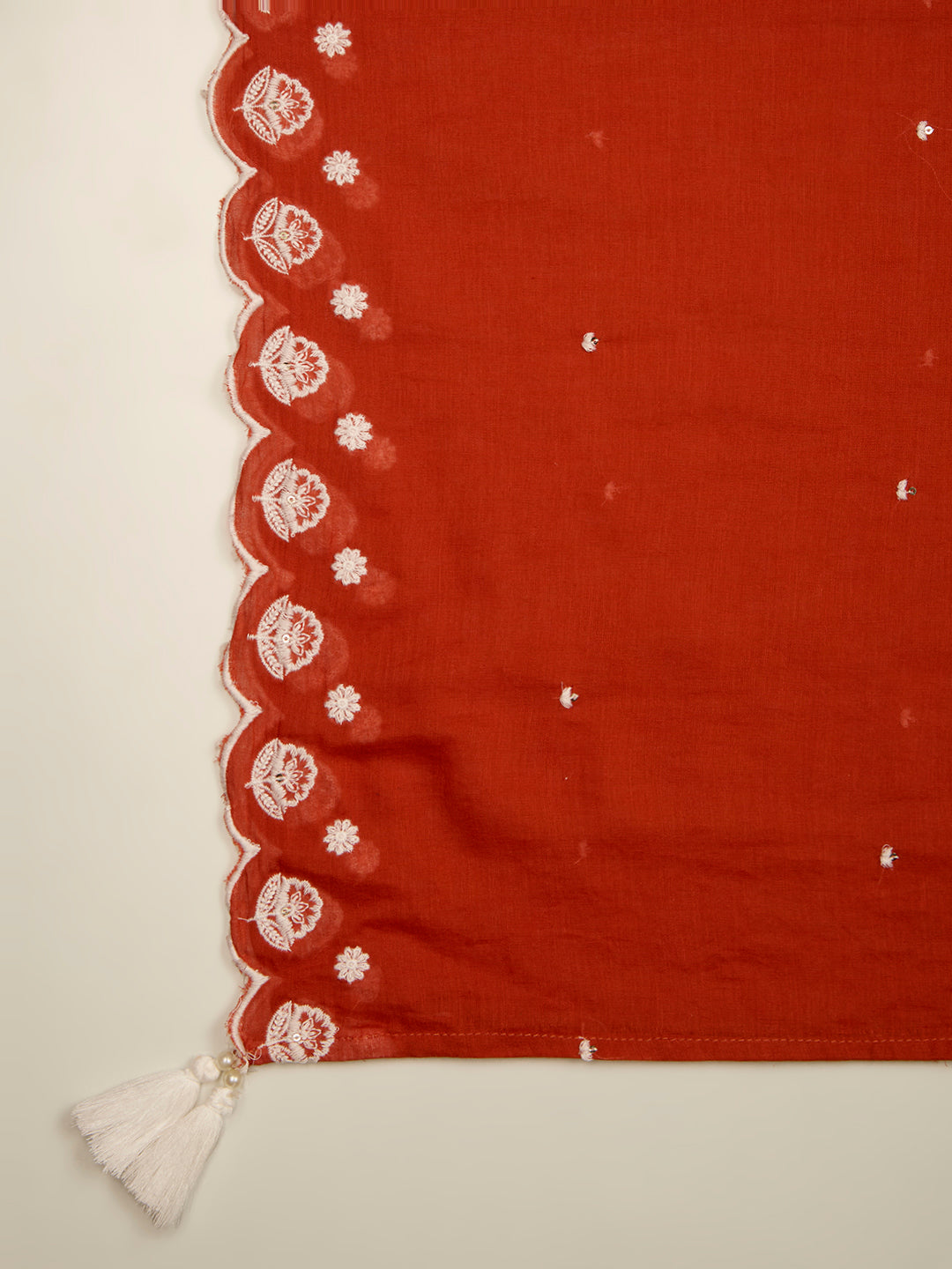 Solid Floral Embroidered Straight Fit Kurta with Palazzo and Dupatta - Rust