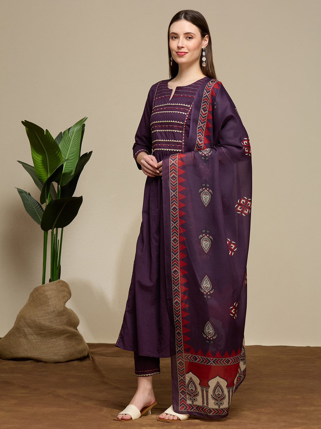 Solid Embroidered A-Line Kurta with Pant & Dupatta - Purple