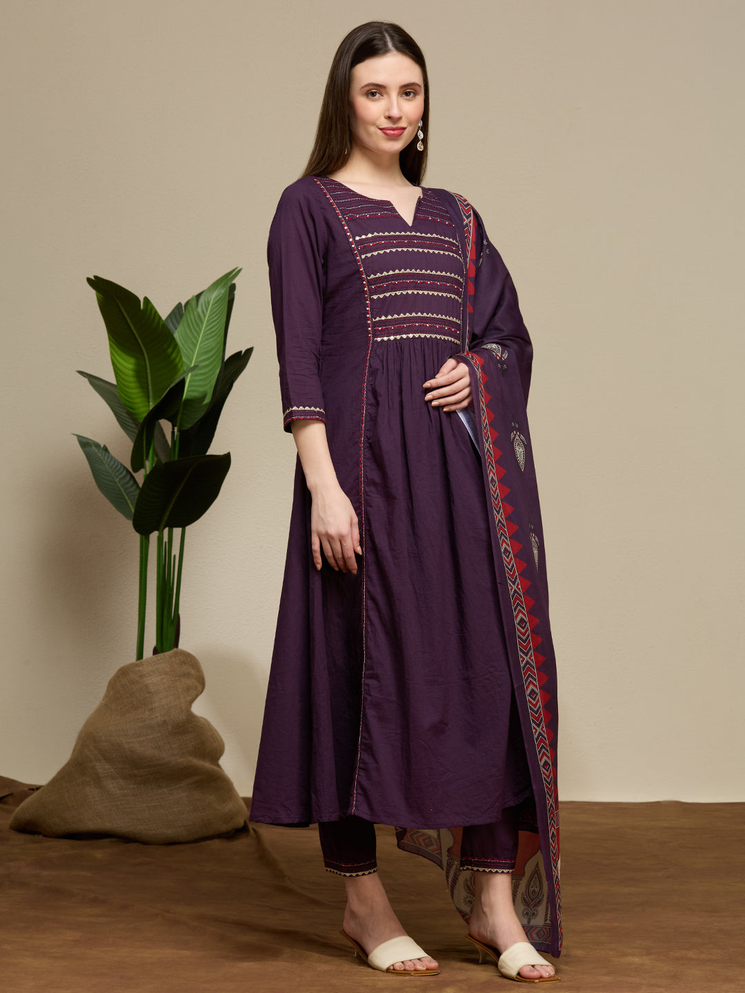 Solid Embroidered A-Line Kurta with Pant & Dupatta - Purple