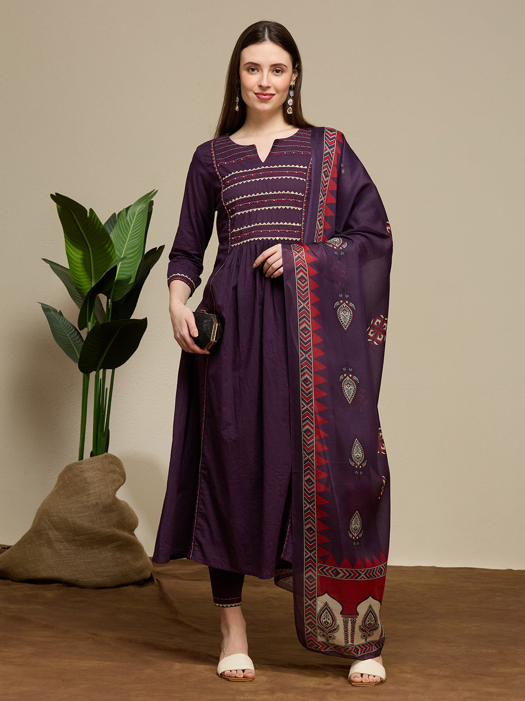 Solid Embroidered A-Line Kurta with Pant & Dupatta - Purple