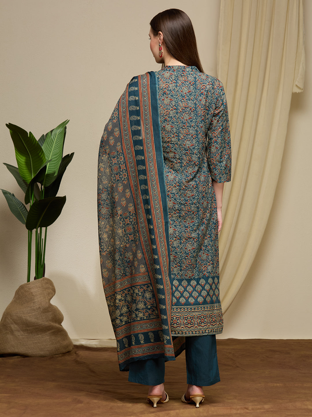 Ajrakh Printed Straight Fit Kurta with Pant and Dupatta - Teal
