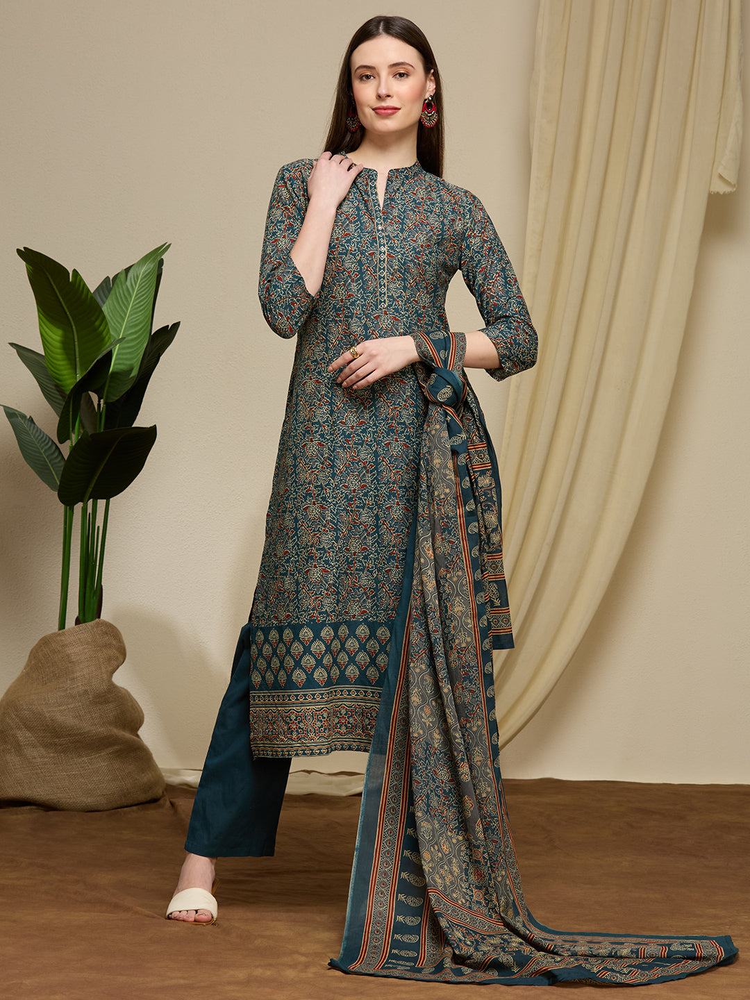 Ajrakh Printed Straight Fit Kurta with Pant and Dupatta - Teal