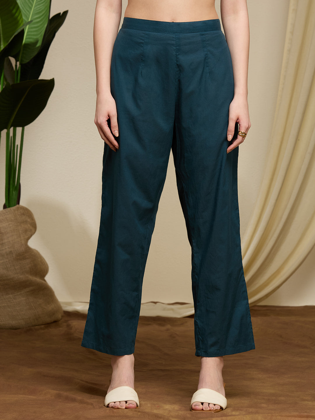 Ajrakh Printed Straight Fit Kurta with Pant and Dupatta - Teal