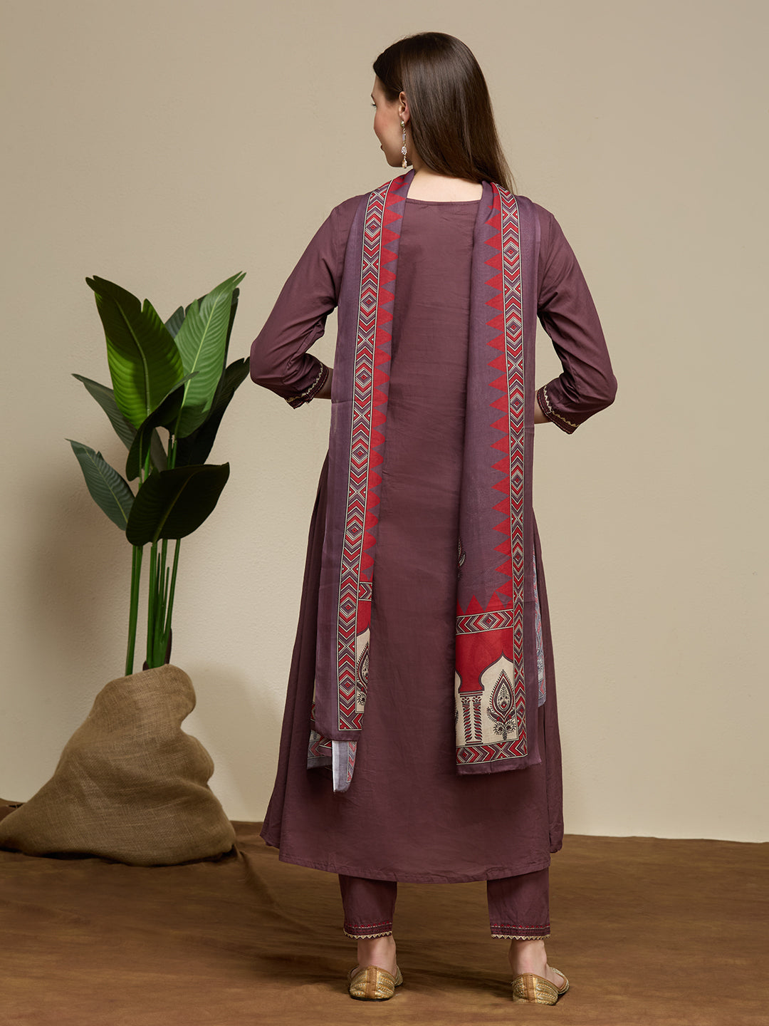 Solid Embroidered A-Line Kurta with Pant & Dupatta - Mauve