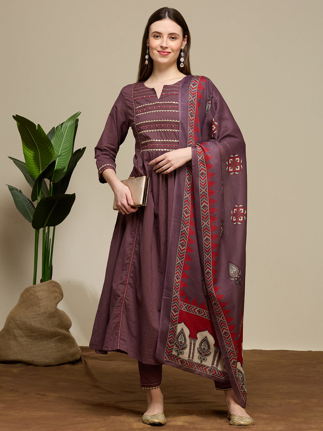 Solid Embroidered A-Line Kurta with Pant & Dupatta - Mauve