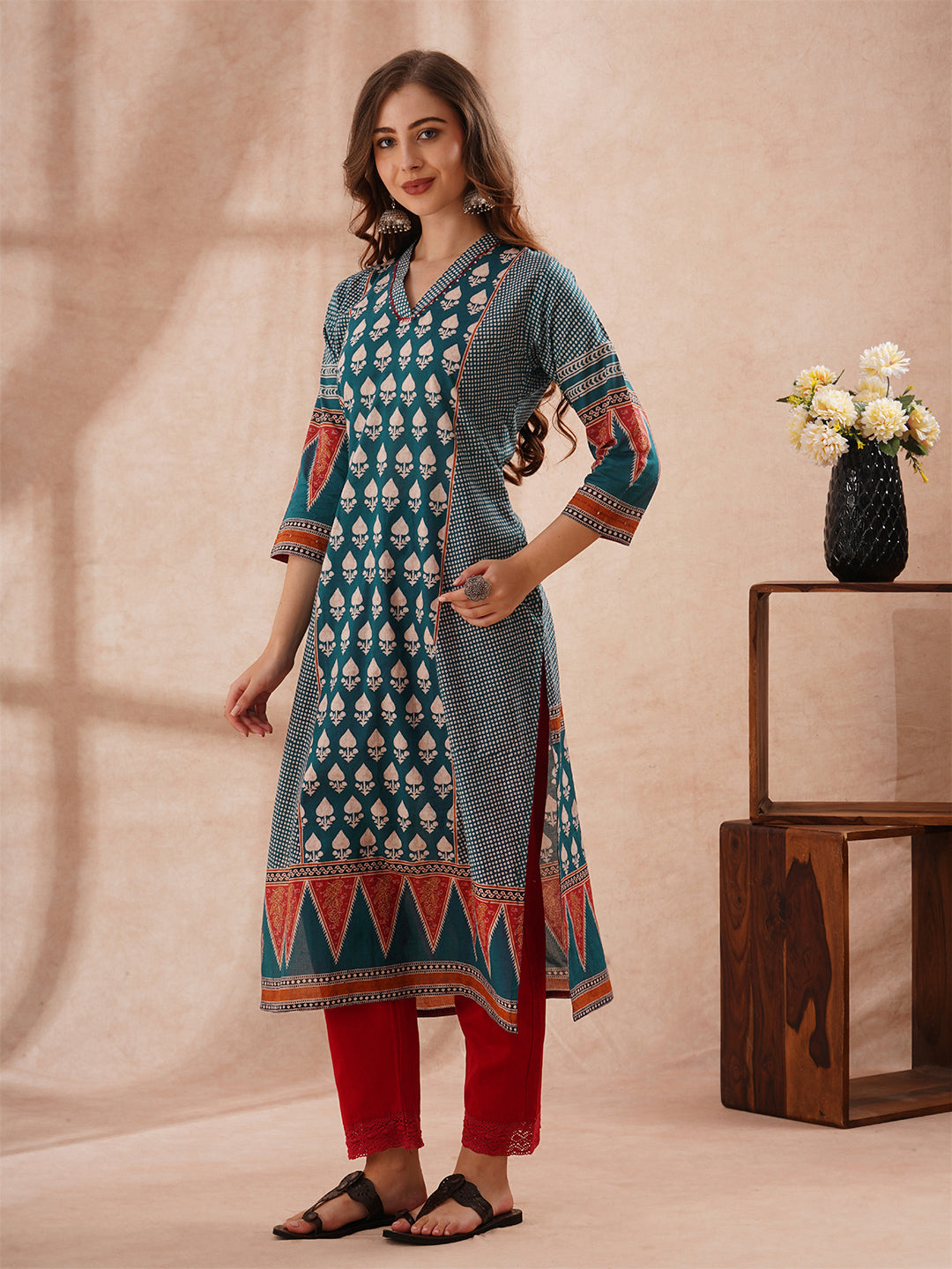 Ethnic Floral Printed Embroidered Straight Fit Kurta - Teal Blue