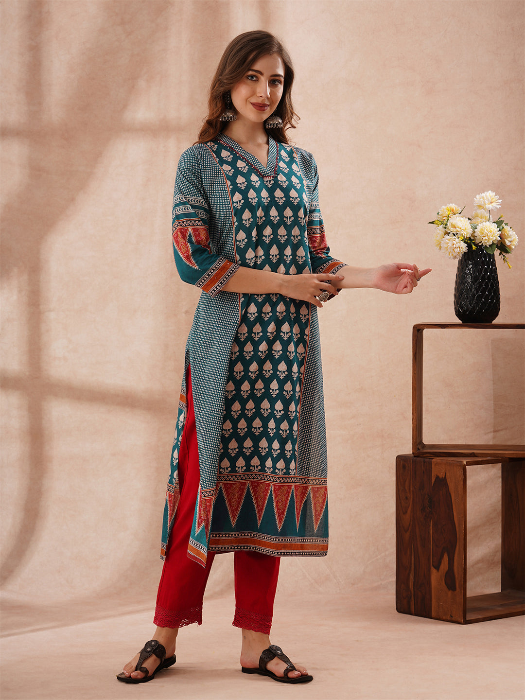 Ethnic Floral Printed Embroidered Straight Fit Kurta - Teal Blue