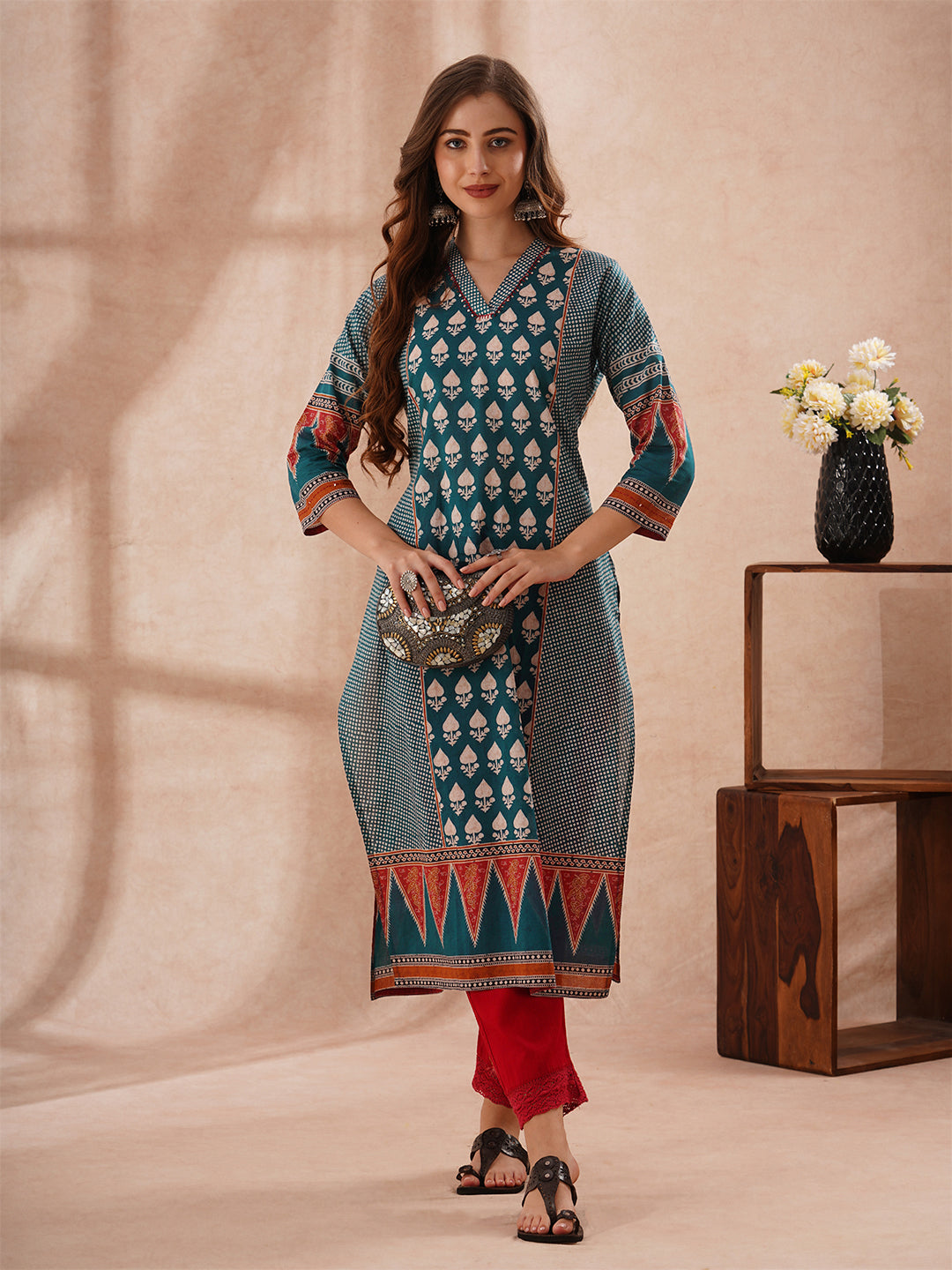 Ethnic Floral Printed Embroidered Straight Fit Kurta - Teal Blue
