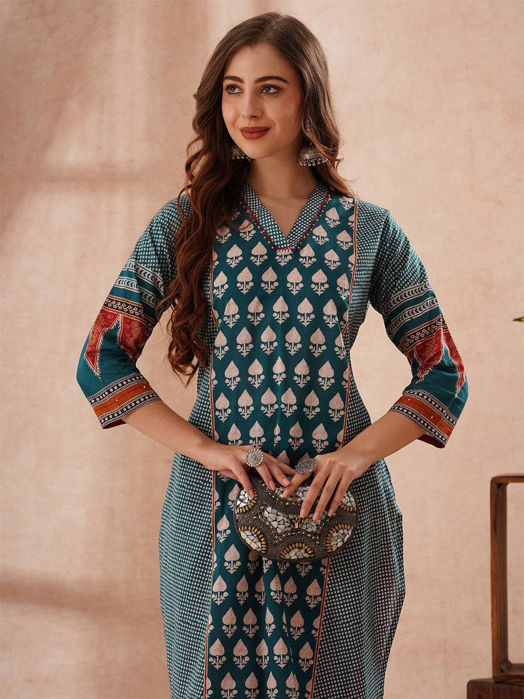 Ethnic Floral Printed Embroidered Straight Fit Kurta - Teal Blue