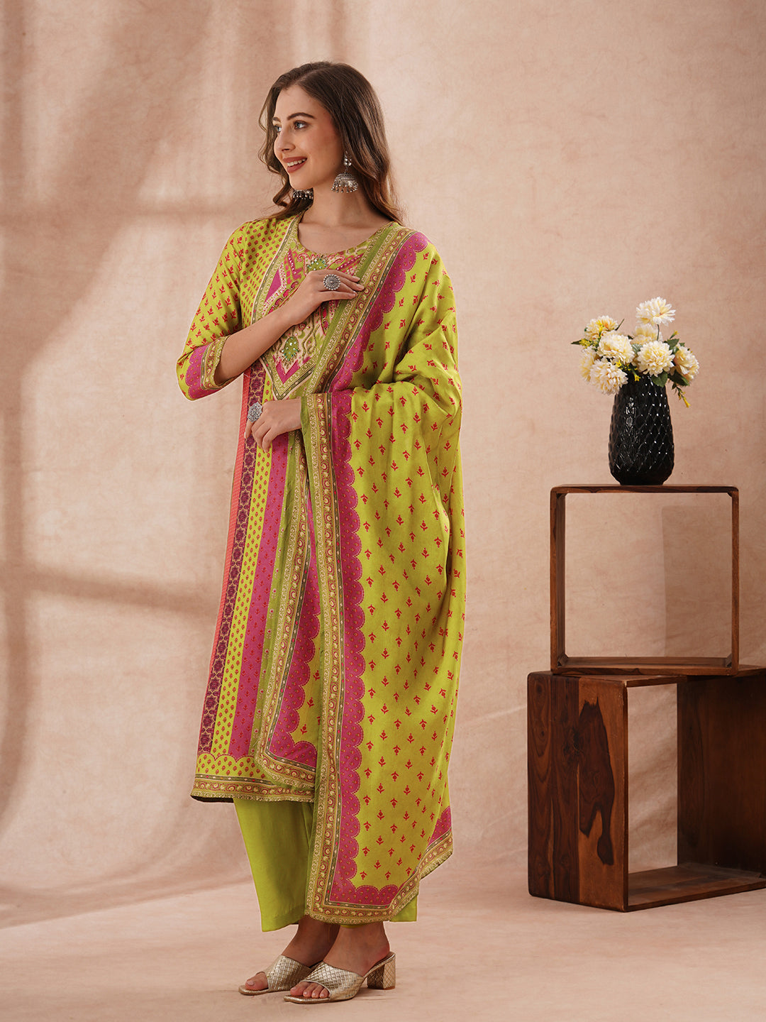 Ethnic Floral Printed Embroidered Straight Fit Kurta with Pant and Dupatta - Multi