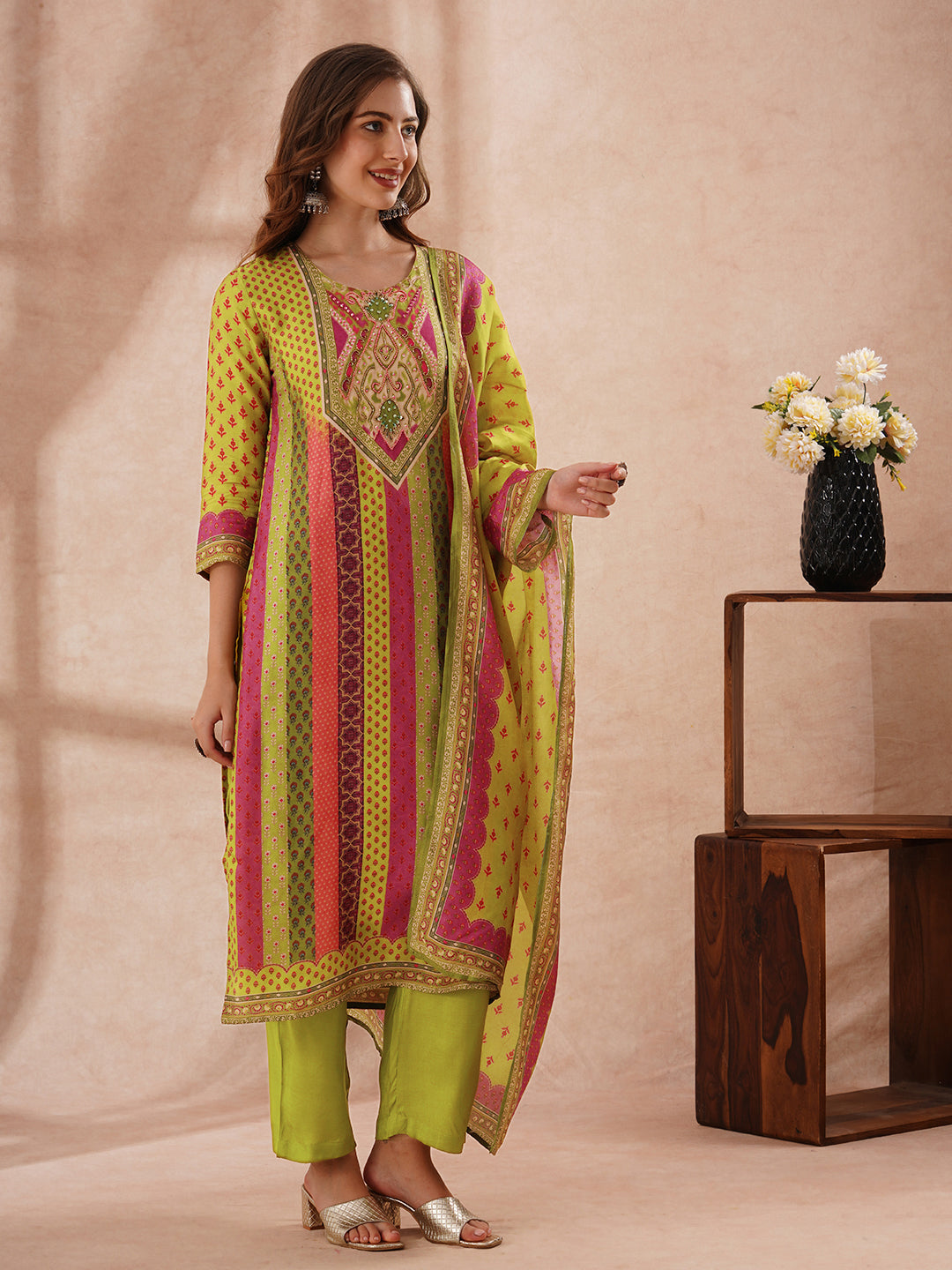 Ethnic Floral Printed Embroidered Straight Fit Kurta with Pant and Dupatta - Multi