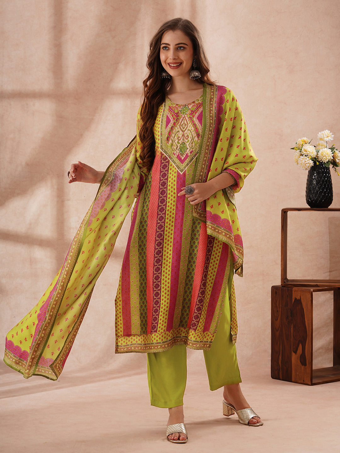 Ethnic Floral Printed Embroidered Straight Fit Kurta with Pant and Dupatta - Multi