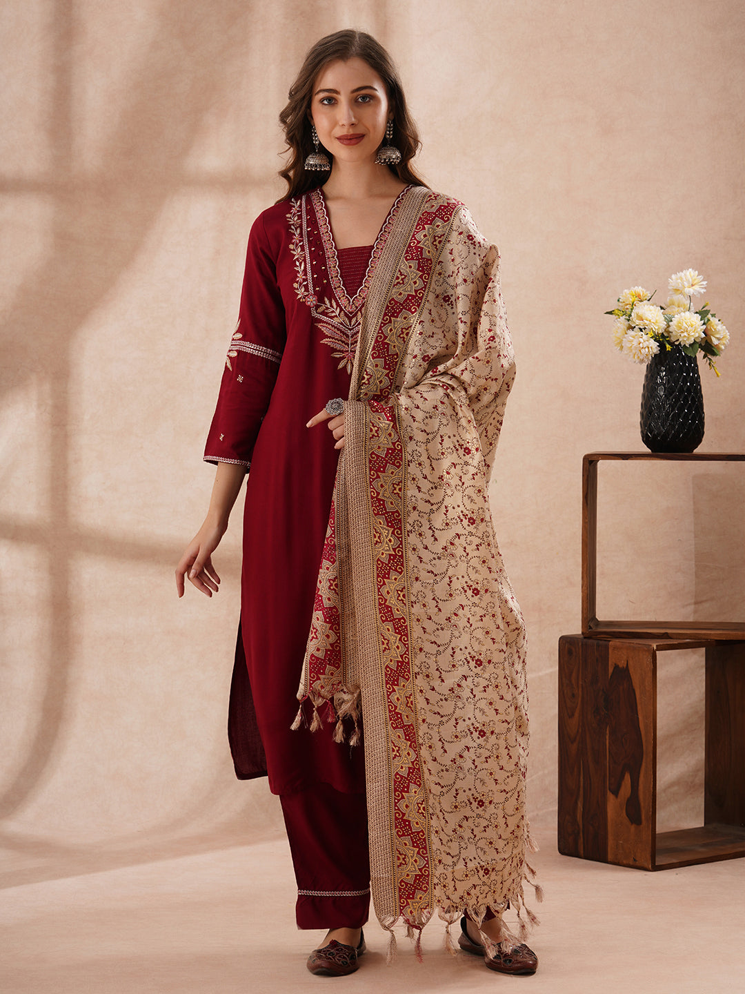 Solid Floral Embroidered Straight Fit Kurta with Palazzo and Dupatta - Maroon