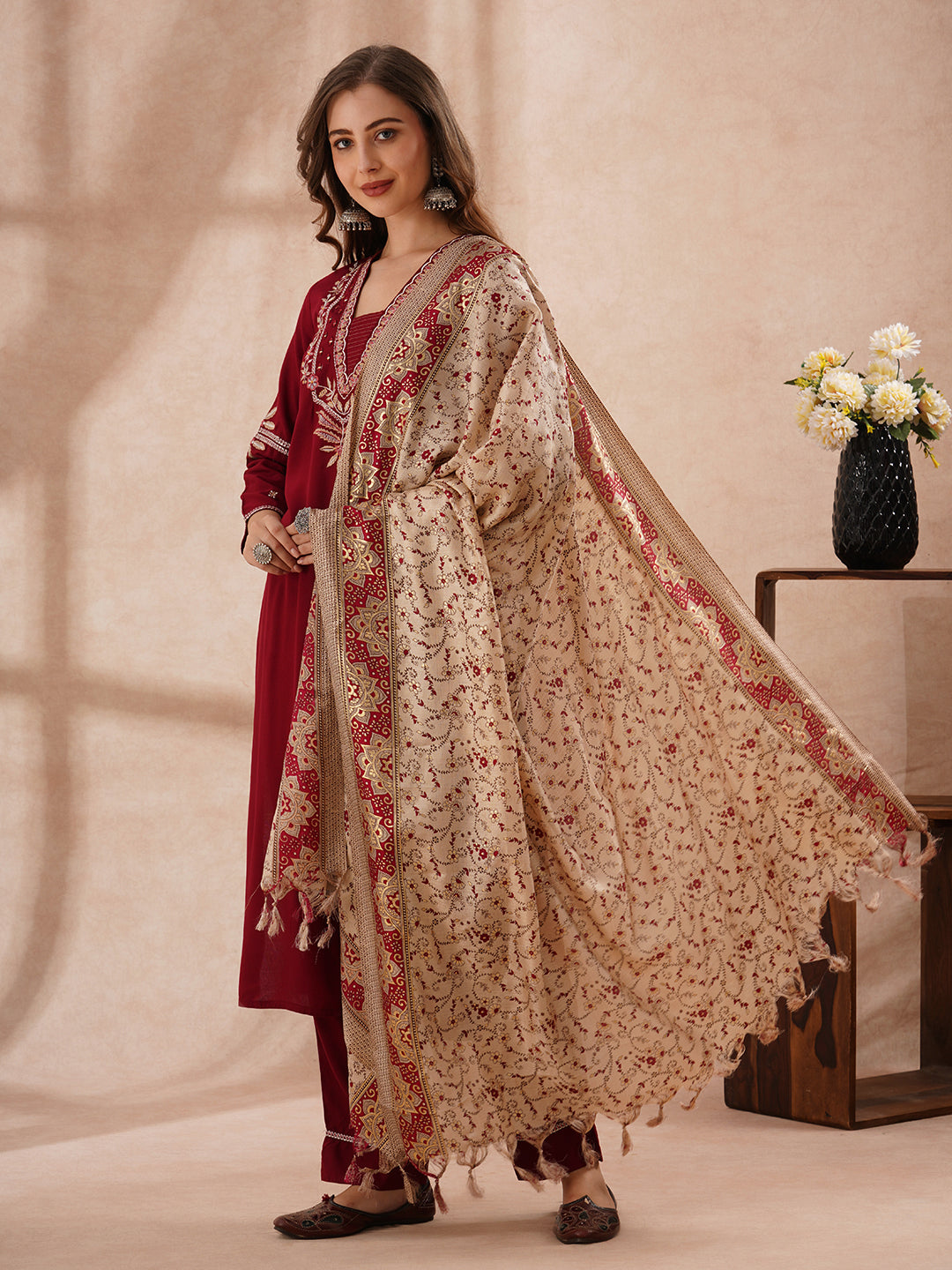 Solid Floral Embroidered Straight Fit Kurta with Palazzo and Dupatta - Maroon