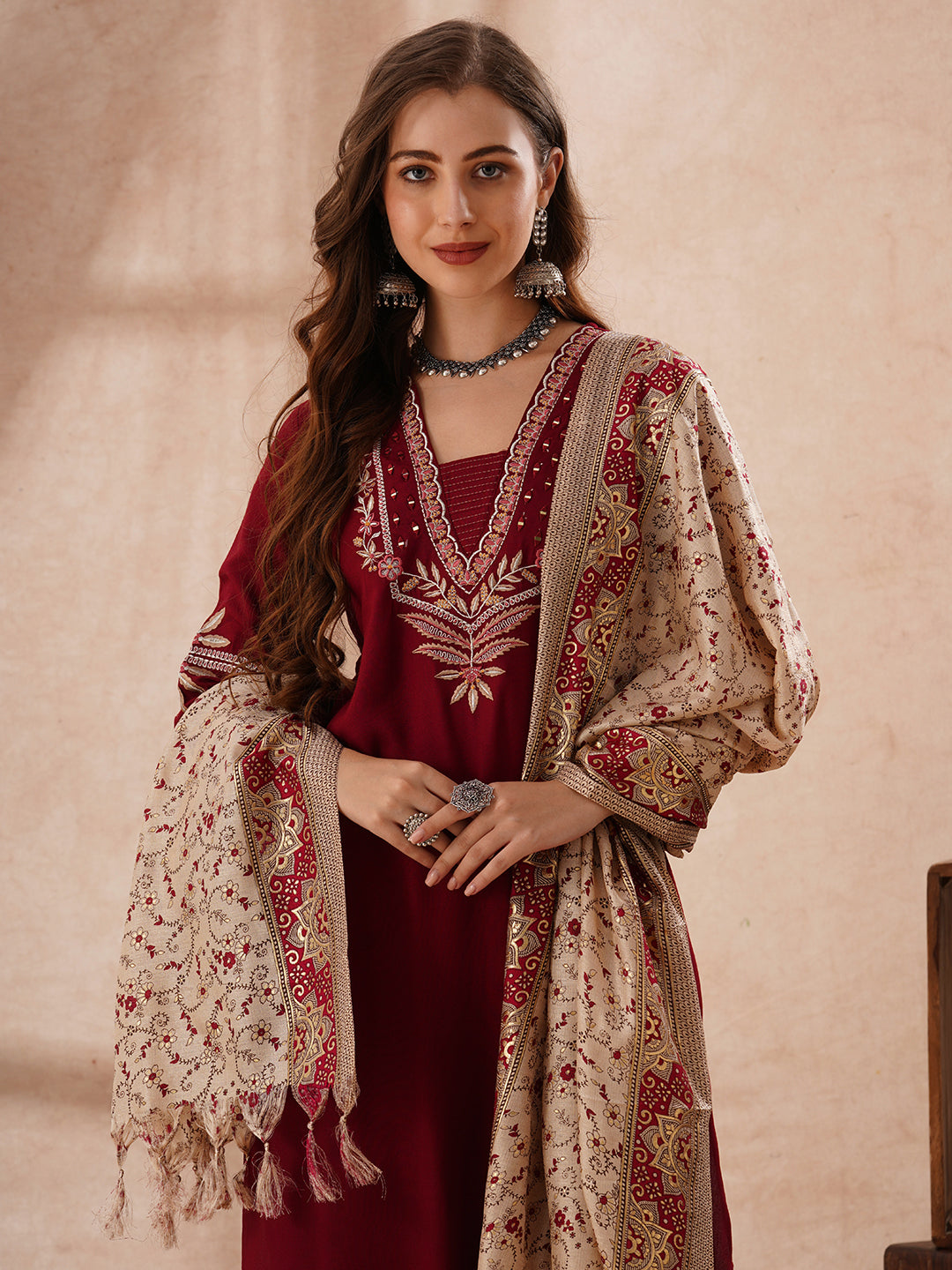 Solid Floral Embroidered Straight Fit Kurta with Palazzo and Dupatta - Maroon