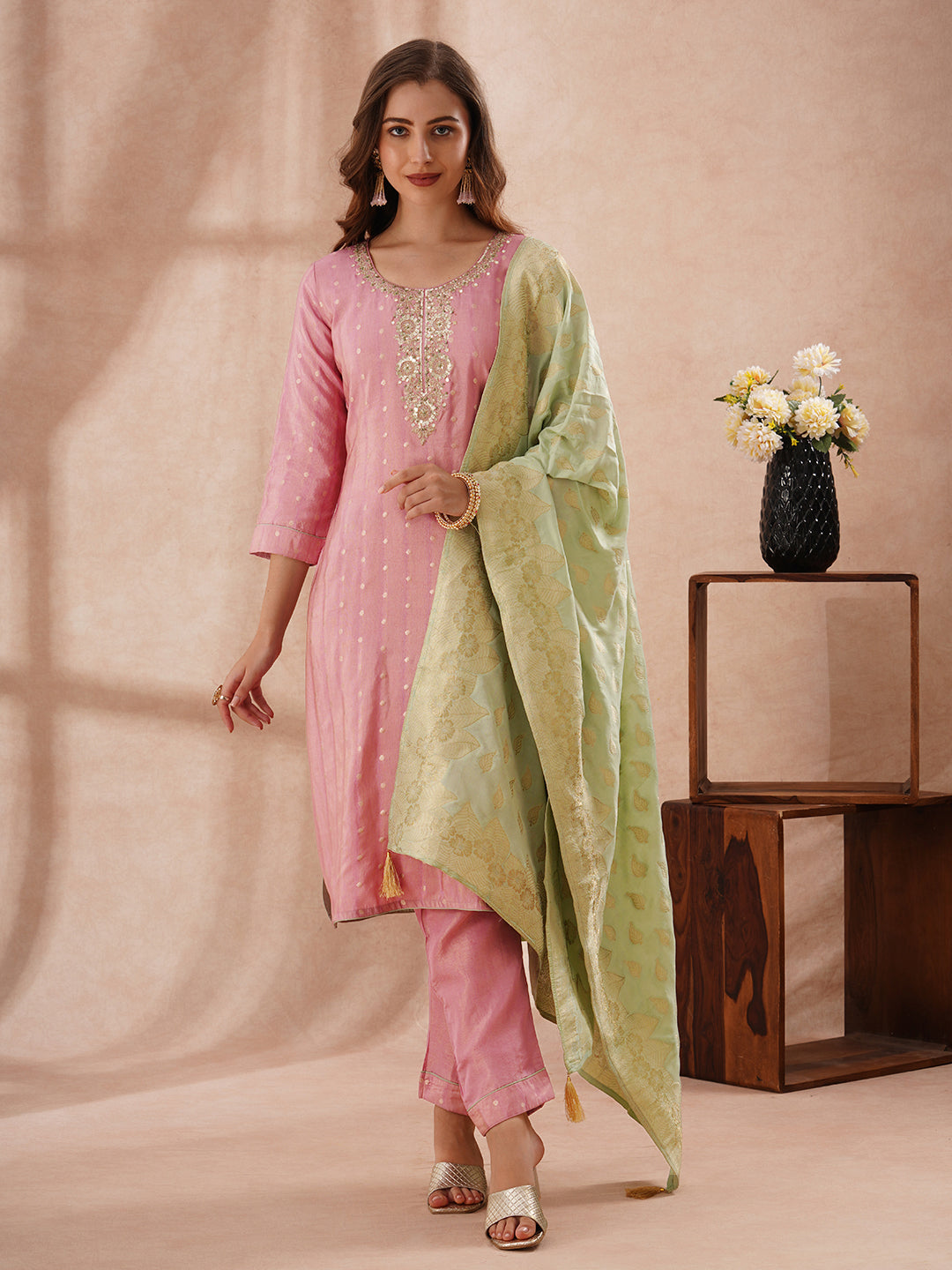 Solid Sequin Embroidered Tissue Kurta with Pant & Jacquard Dupatta - Pink