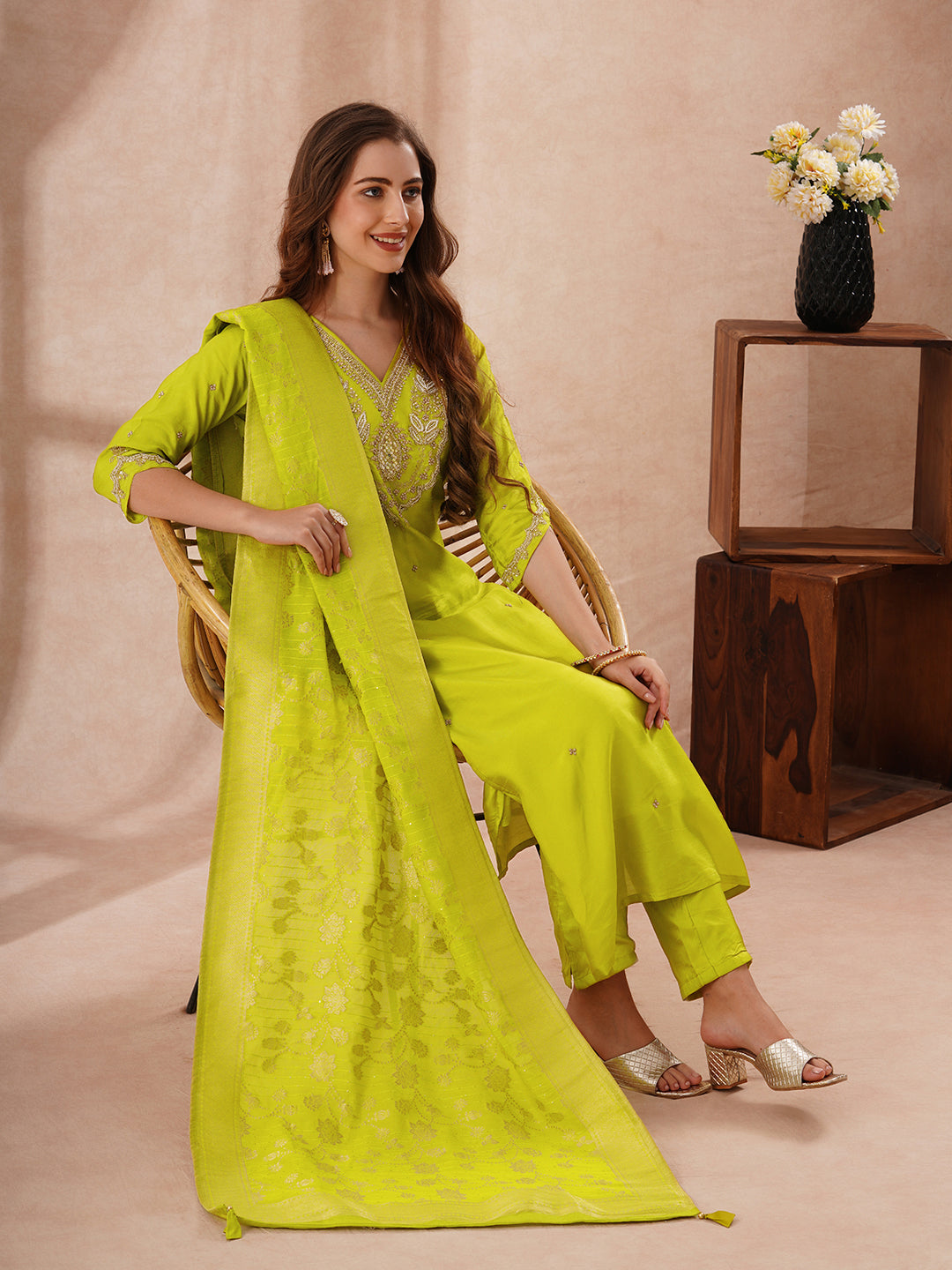Solid Hand Embroidered Kurta with Pant & Woven Zari Jacquard Dupatta - Lime Green