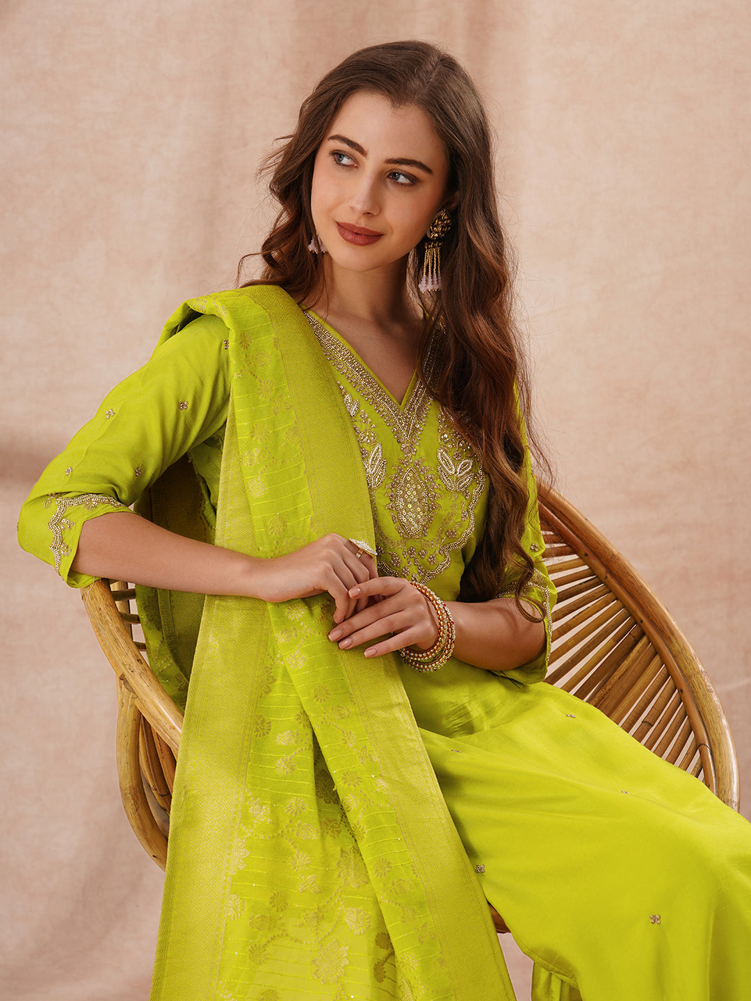 Solid Hand Embroidered Kurta with Pant & Woven Zari Jacquard Dupatta - Lime Green