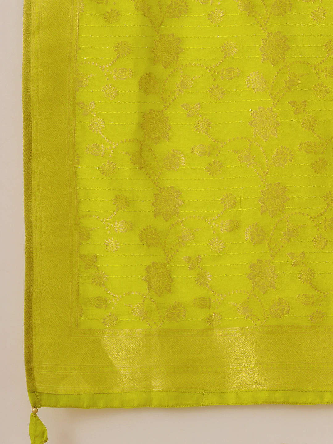 Solid Hand Embroidered Kurta with Pant & Woven Zari Jacquard Dupatta - Lime Green