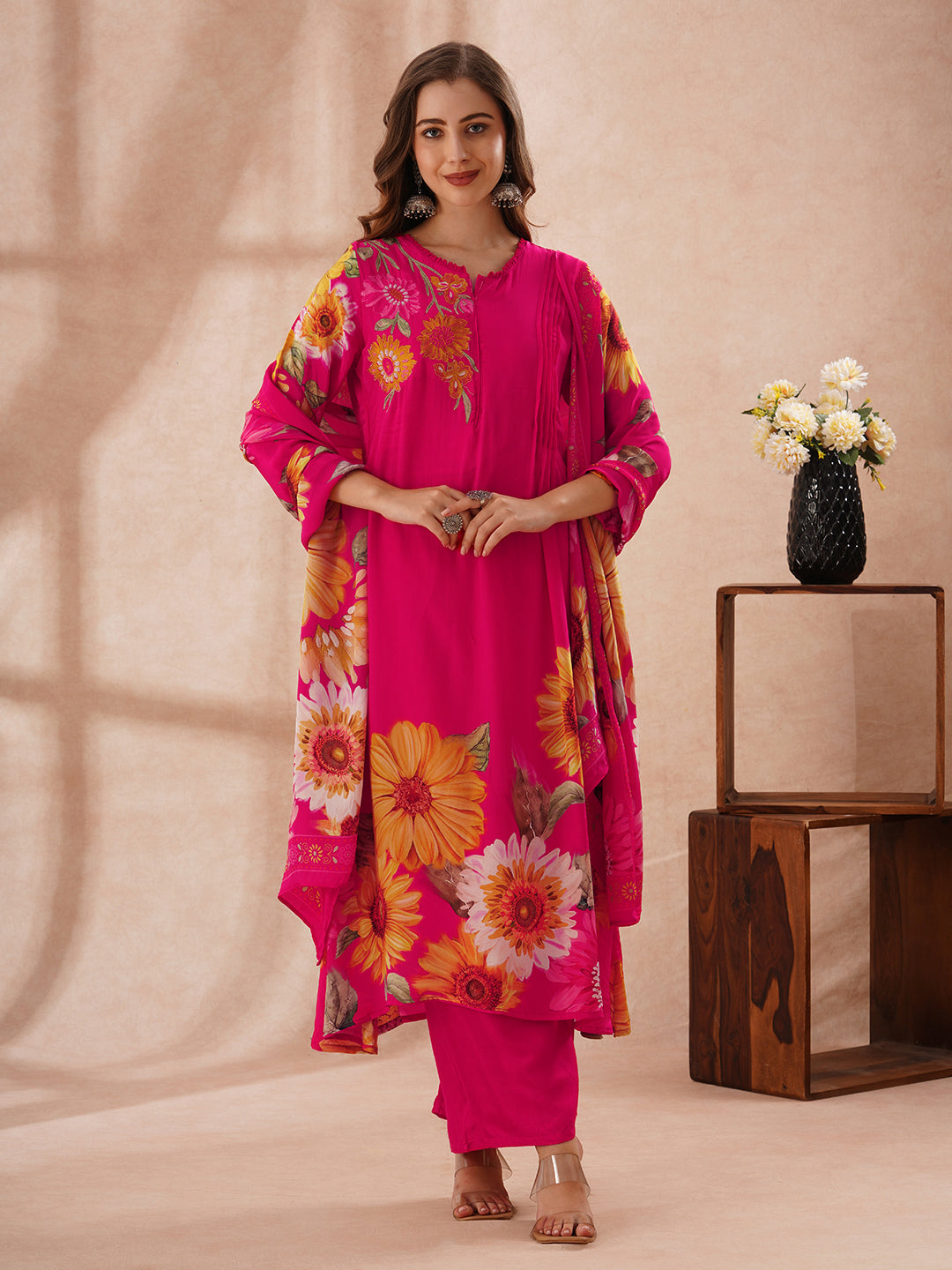 Sunflower Printed Embroidered A-Line Pleated Kurta with Palazzo and Dupatta - Rani