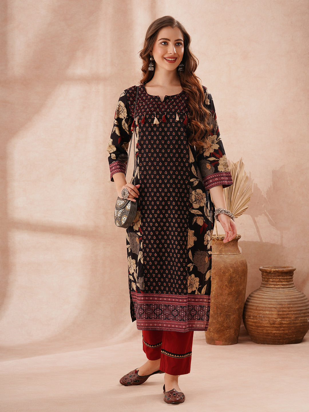 Ethnic Floral Printed Embroidered Straight Fit Kurta - Black