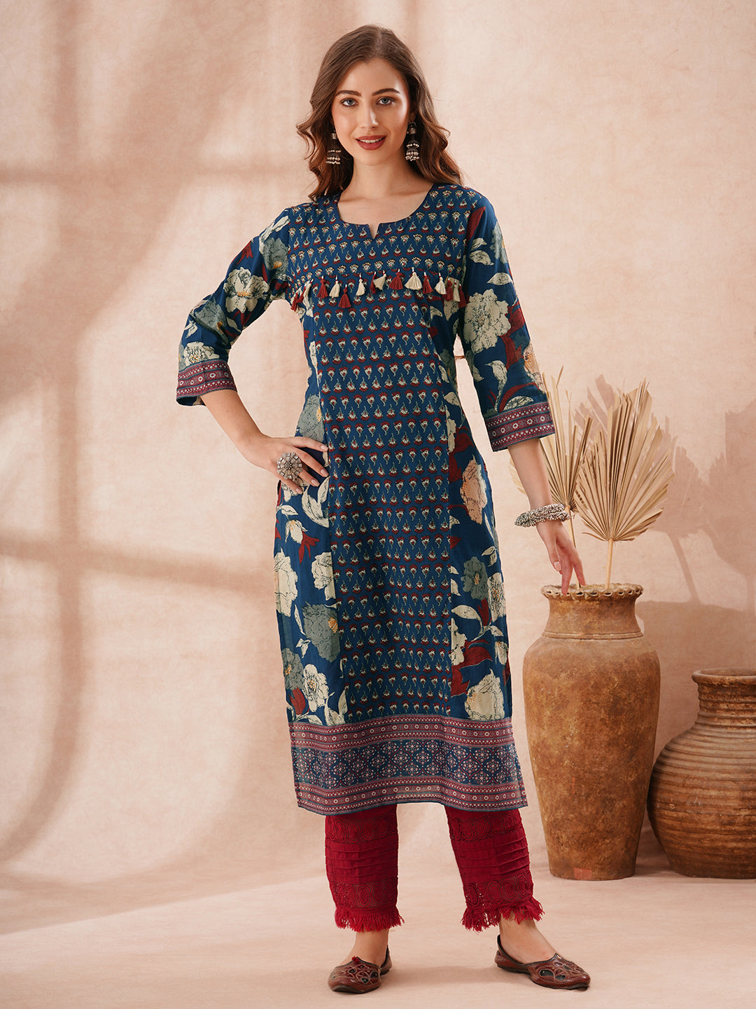Ethnic Floral Printed Embroidered Straight Fit Kurta - Blue