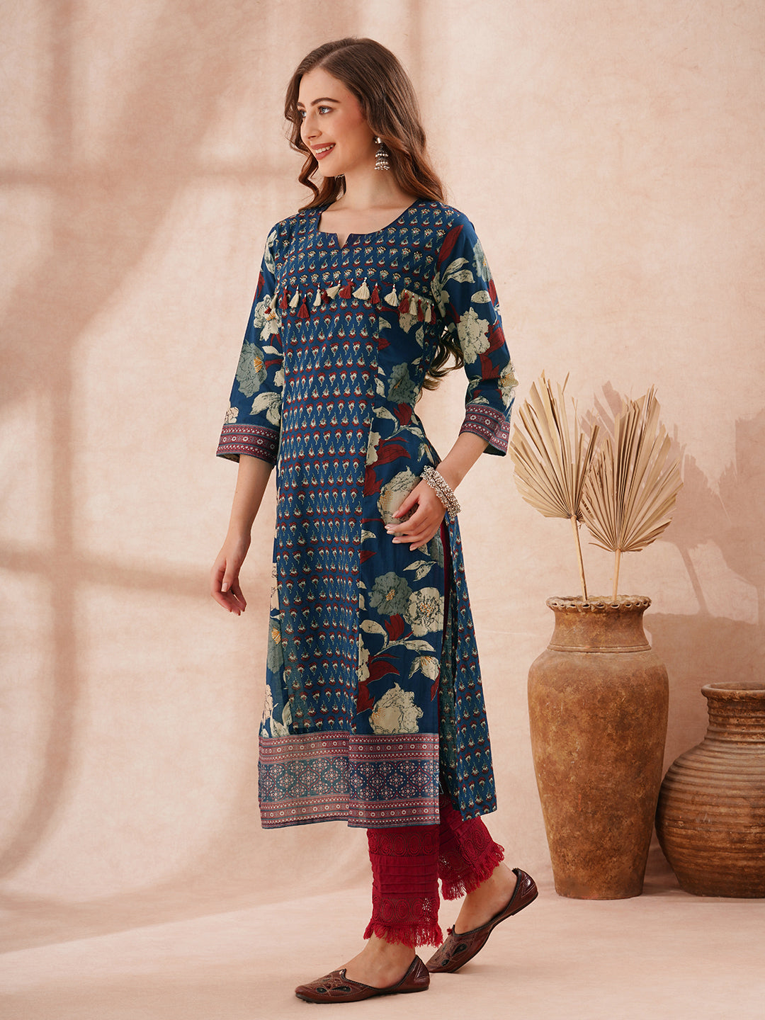 Ethnic Floral Printed Embroidered Straight Fit Kurta - Blue