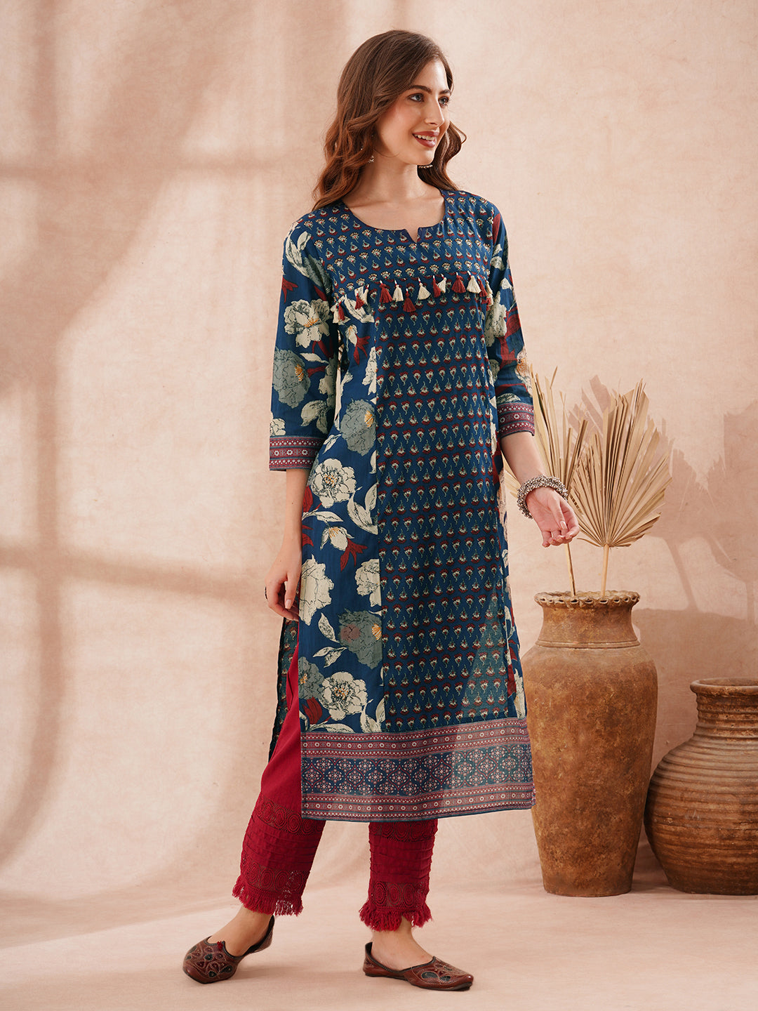 Ethnic Floral Printed Embroidered Straight Fit Kurta - Blue