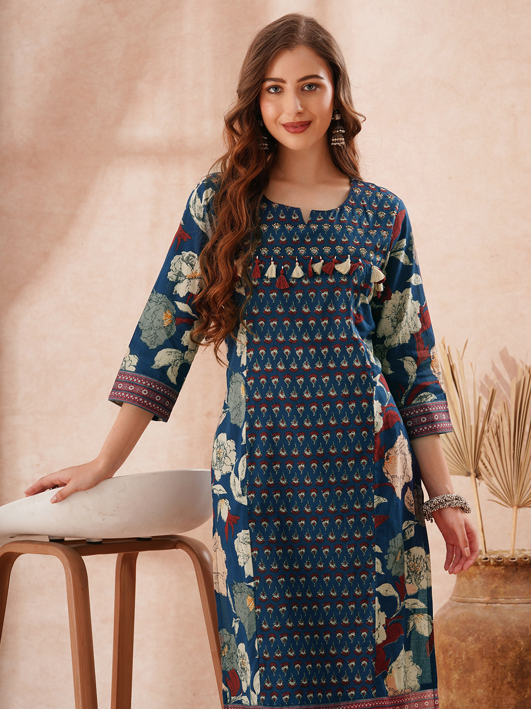 Ethnic Floral Printed Embroidered Straight Fit Kurta - Blue