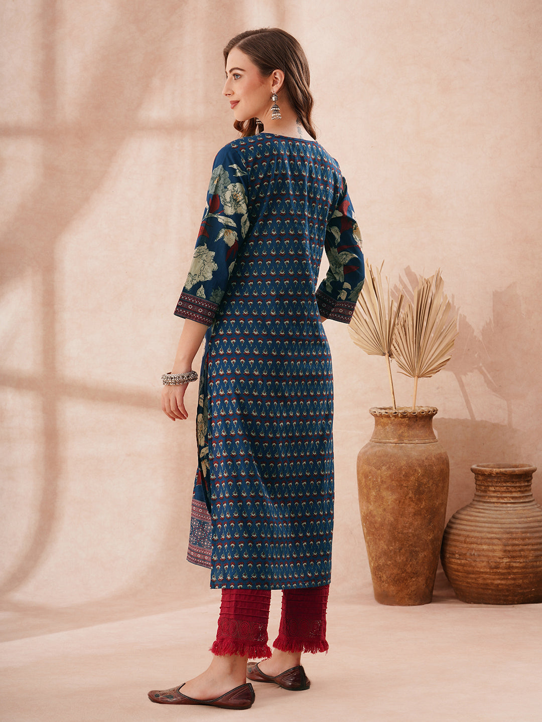 Ethnic Floral Printed Embroidered Straight Fit Kurta - Blue