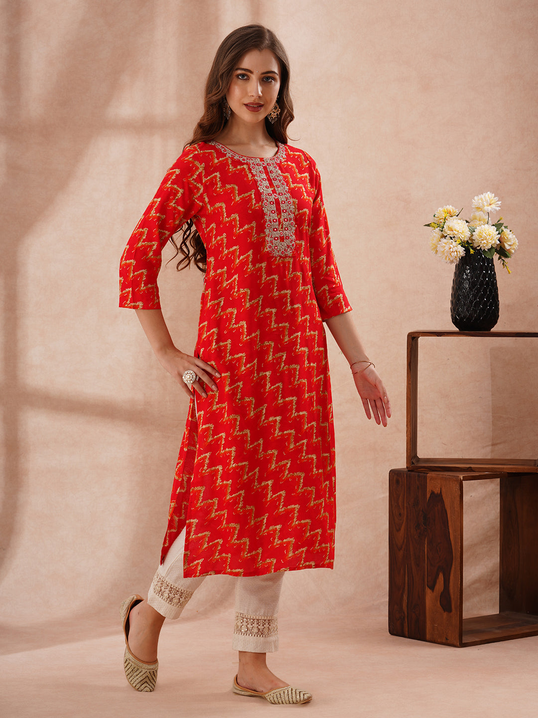 Abstract Foil Printed & Zari Embroidered Straight Fit Kurta - Red