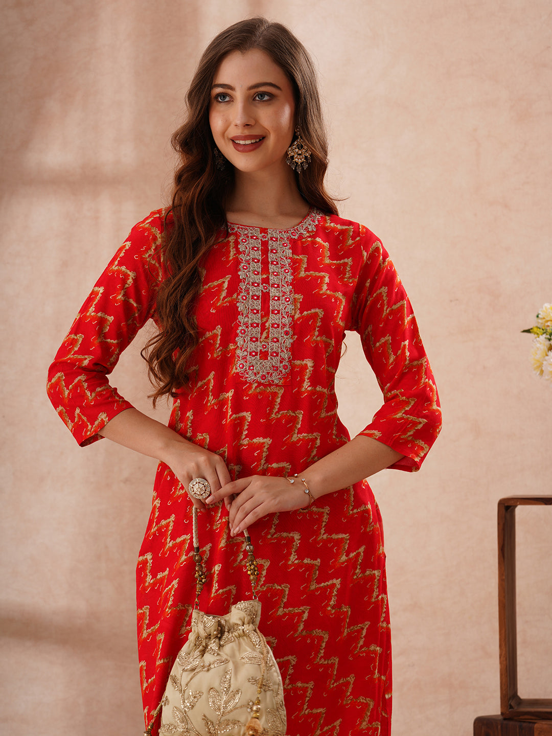 Abstract Foil Printed & Zari Embroidered Straight Fit Kurta - Red