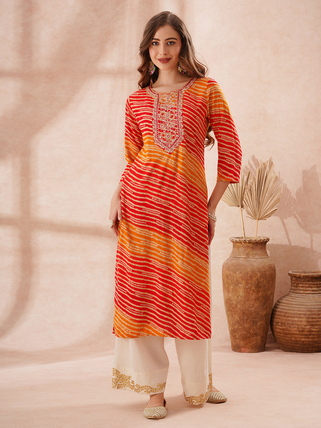 Leheriya Foil Printed & Zari Embroidered Straight Fit Kurta - Multi