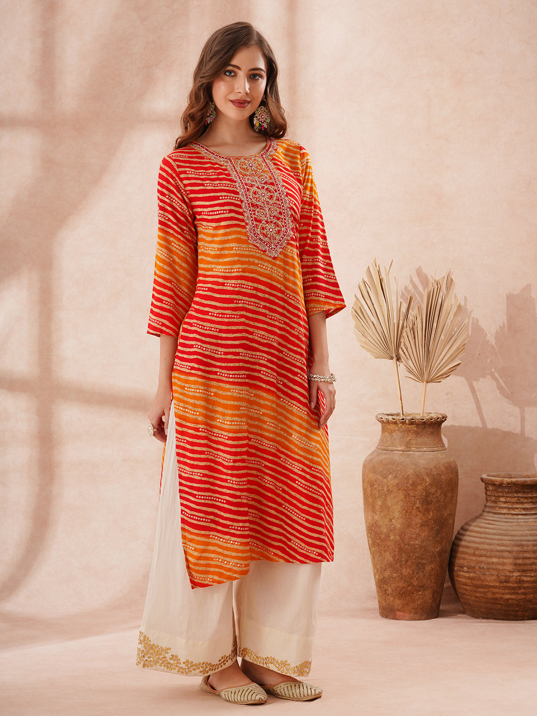 Leheriya Foil Printed & Zari Embroidered Straight Fit Kurta - Multi