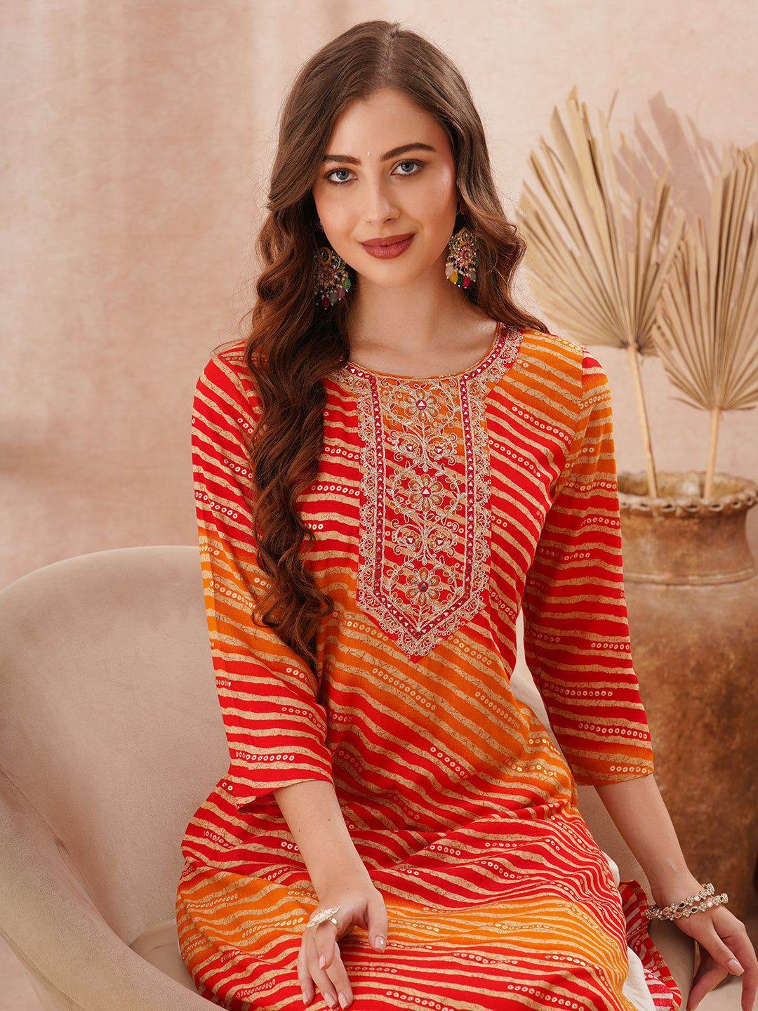 Leheriya Foil Printed & Zari Embroidered Straight Fit Kurta - Multi