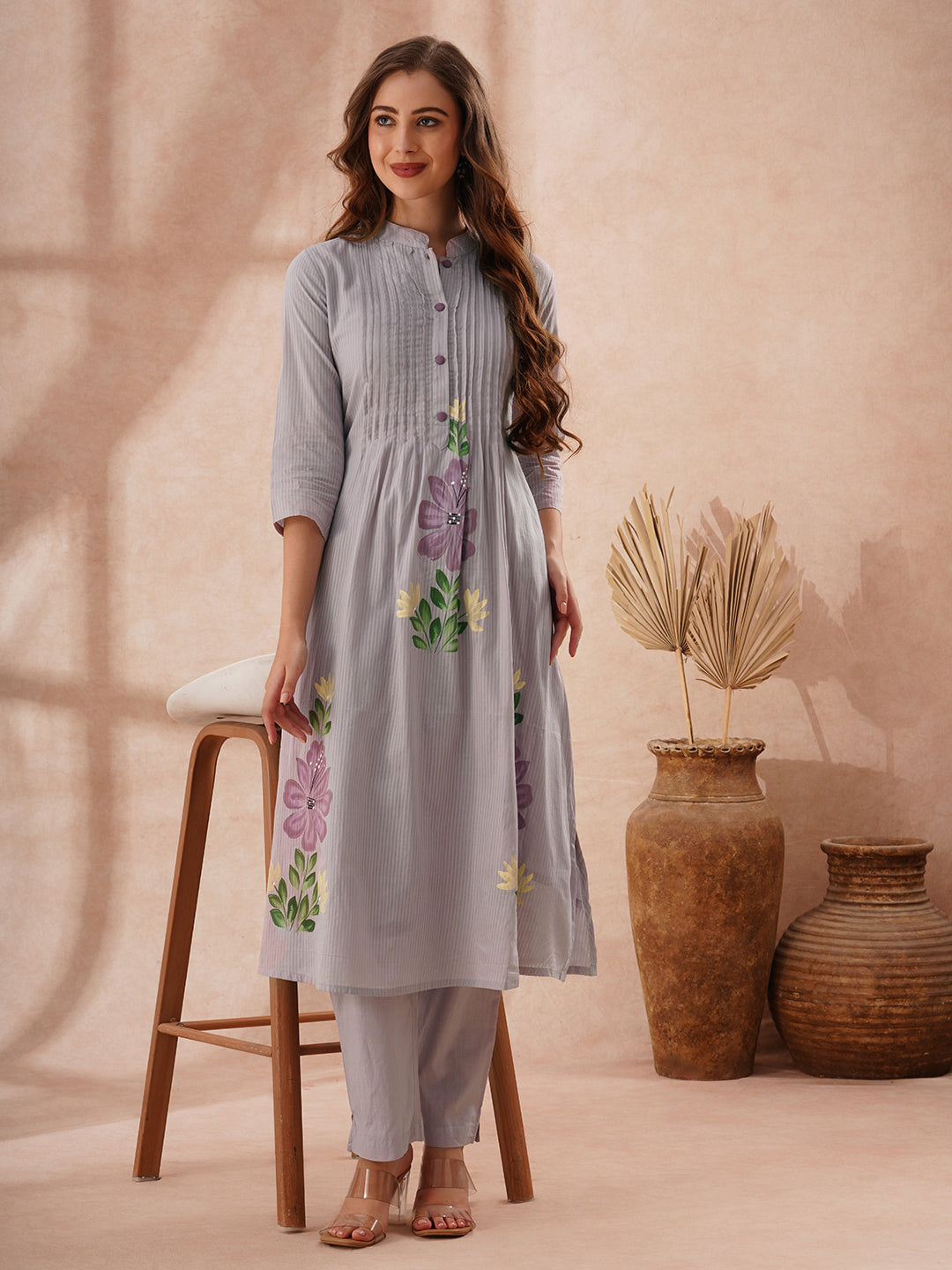 Solid Floral Hand Painted A-Line Pleated Co-ord Set - Blue