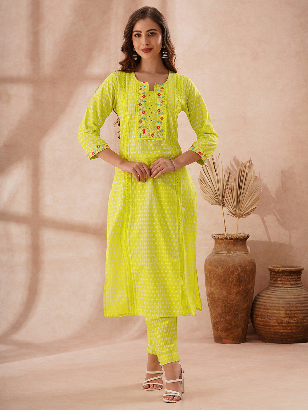 Ethnic Printed & Floral Embroidered Straight Fit Co-ord Set - Lime Green