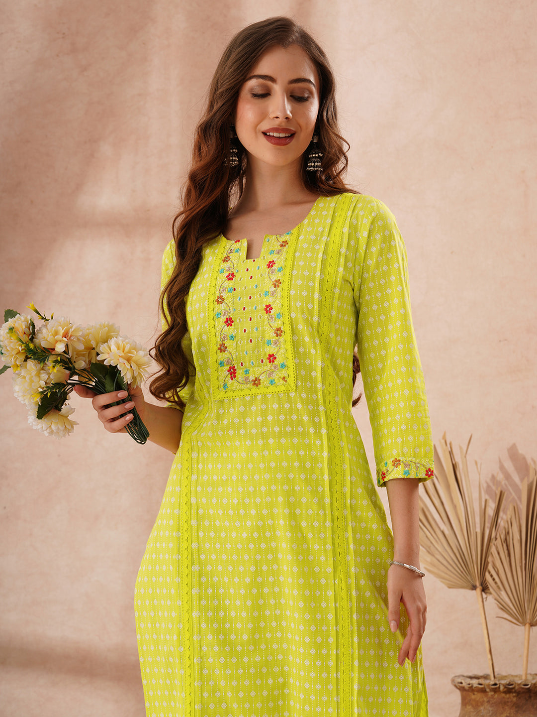 Ethnic Printed & Floral Embroidered Straight Fit Co-ord Set - Lime Green